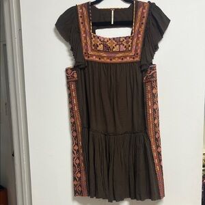Free People Boho Brown Embroidered Square Neck Mini Day Glow Dress XS Open Back